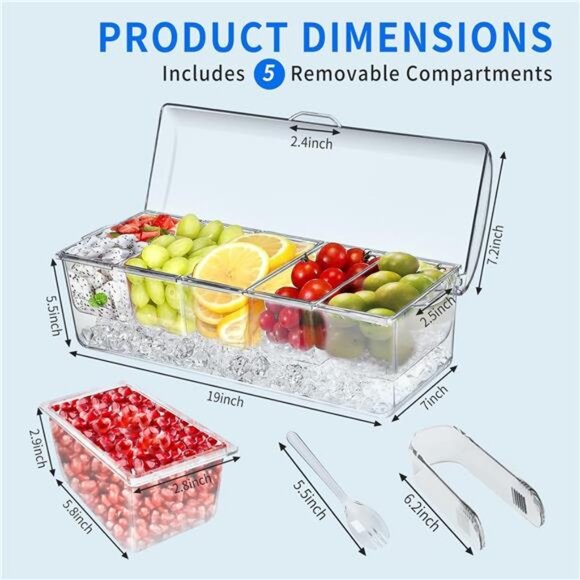 Large Ice Chilled Condiment Caddy Bar Serving Tray Removable Compartments Party - Picture 2 of 6